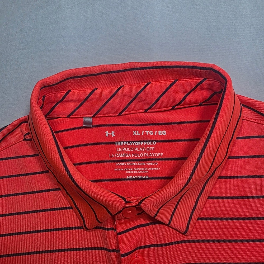 Under Armour Mens Playoff Polo Shirt Orange Red Black Striped HeatGear XL Loose